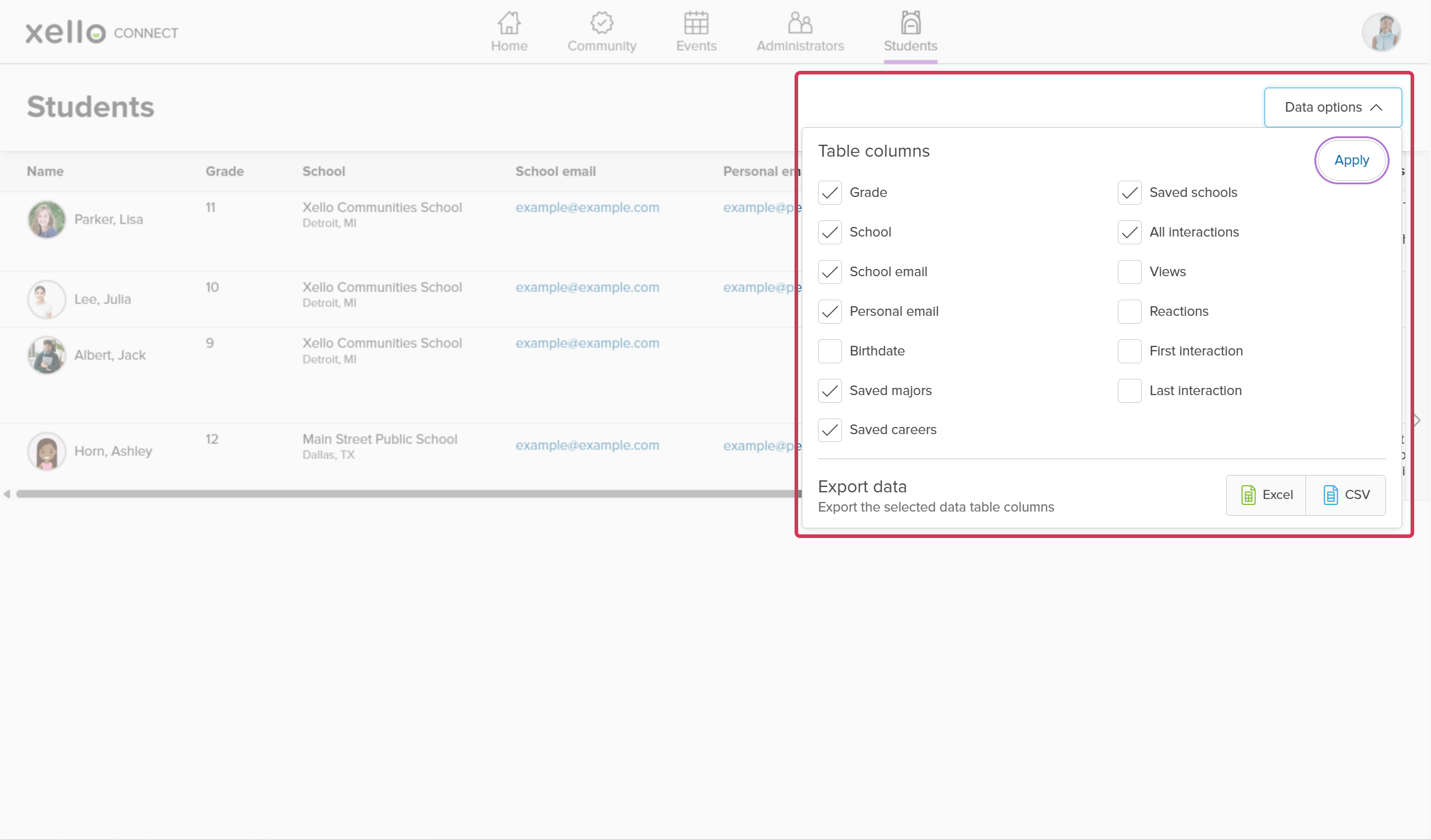 The Students page. The Data options menu is open. Some of the table columns have been selected.